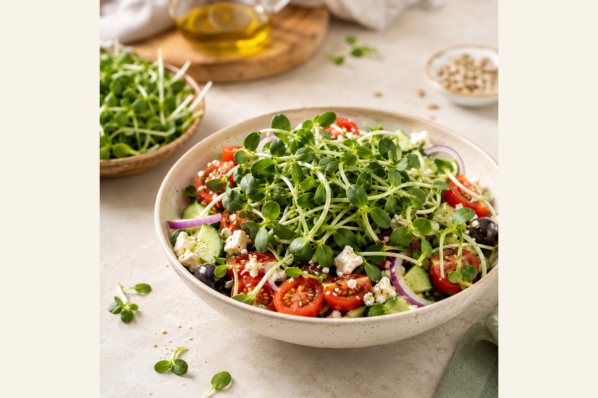 A fresh salad topped with Kibo Bowl microgreens